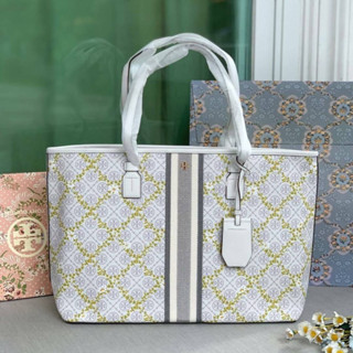 🍀🍀 TORY BURCH T MONOGRAM CANVAS FLORAL VINE TOP ZIP TOTE 82593