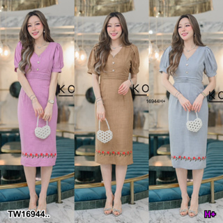 J16944 เดรสคอวี แขนสั้นพองๆ ทรงตรง Dress, V-neck, short puffy sleeves, straight cut