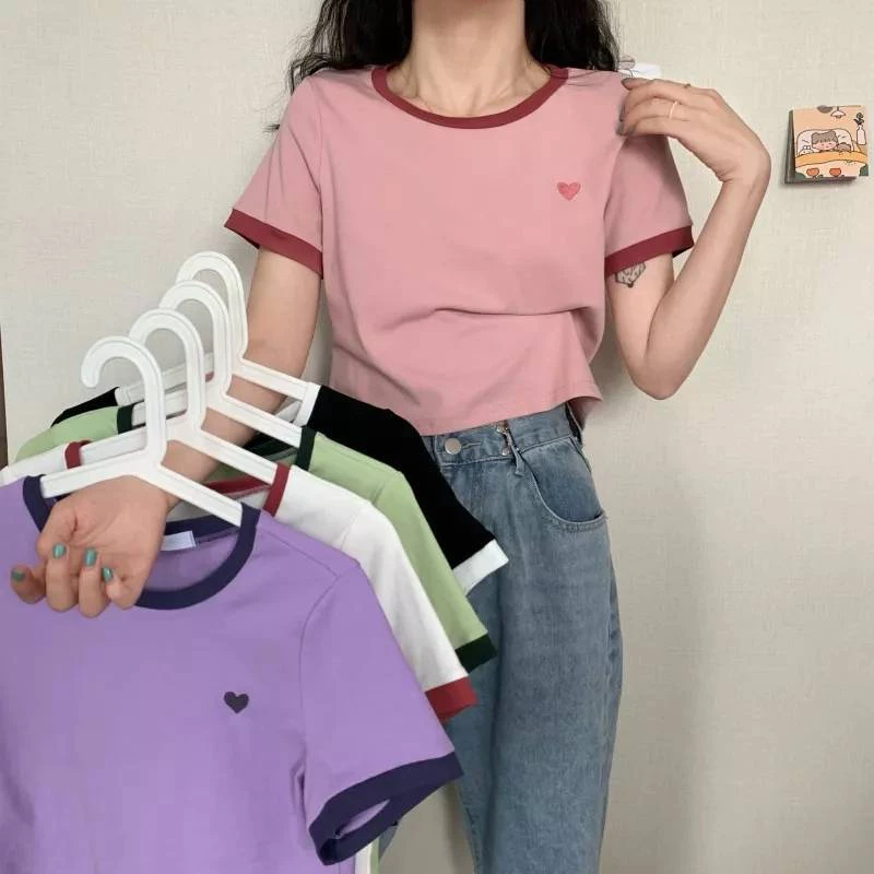 SHOP_MKL🌿เสื้อครอปคอกลม แขนสั้น ลายปักหัวใจ คอกลม สุดน่ารัก 📌💜#9010