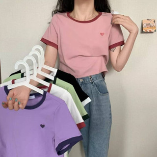 SHOP_MKL🌿เสื้อครอปคอกลม แขนสั้น ลายปักหัวใจ คอกลม สุดน่ารัก 📌💜#9010