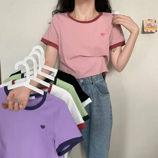 SHOP_MKL🌿เสื้อครอปคอกลม แขนสั้น ลายปักหัวใจ คอกลม สุดน่ารัก 📌💜#9010
