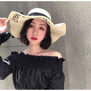 หมวกสานปีกกว้าง  ปีกทรงระบาย (ปัก Sun Please) สินค้าพร้อมส่ง C067