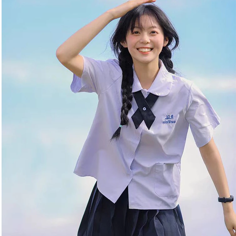 เสื้อเชิ้ตนักศึกษาแขนสั้นผู้หญิงนน่ารัก Oversize แฟชั่นเกาหลี นักเรียนนักคอปกทหารเรือ ยูนิฟอร์ม คอปก สําหรับผู้หญิง