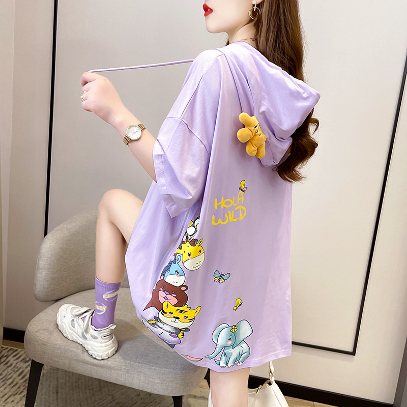 เสื้อแขนสั้นสาวอวบ Oversize (อก 56 นิ้ว) มีฮู๊ดเขากวาง พิมพ์ลายหน้าหลัง ผ้าคอตตอล สินค้าพร้อมส่ง A02