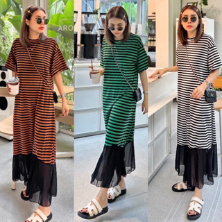 Yunaka ชุดเดรส เดรสคอกลมแขนสั้นลายทาง Striped Dress อก 42-54” เอว 44-56”