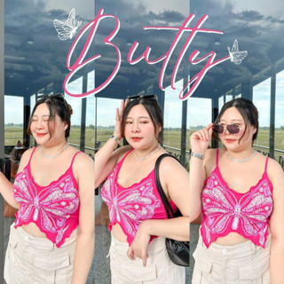 Butty Y2K🦋ครอปสายเดี่ยวผีเสื้อสาวอวบสีชมพูงานสกรีนลายชัดสวยมาก