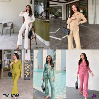 TW18766 Set 2 ชิ้น เสื้อคอเชิ้ตกระดุมหน้า แขนยาว +  กางเกงปลายขาบานเบาๆ