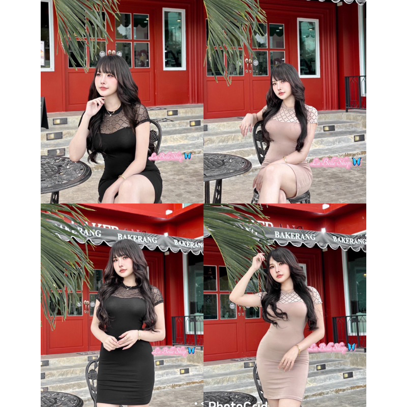 mnv_shop  ( A102) ชุดเดรสผ้าเยร่อน แต่งชีทูตรงอก ทรงสวย งานตามกะแส รีบตำเลยค่า