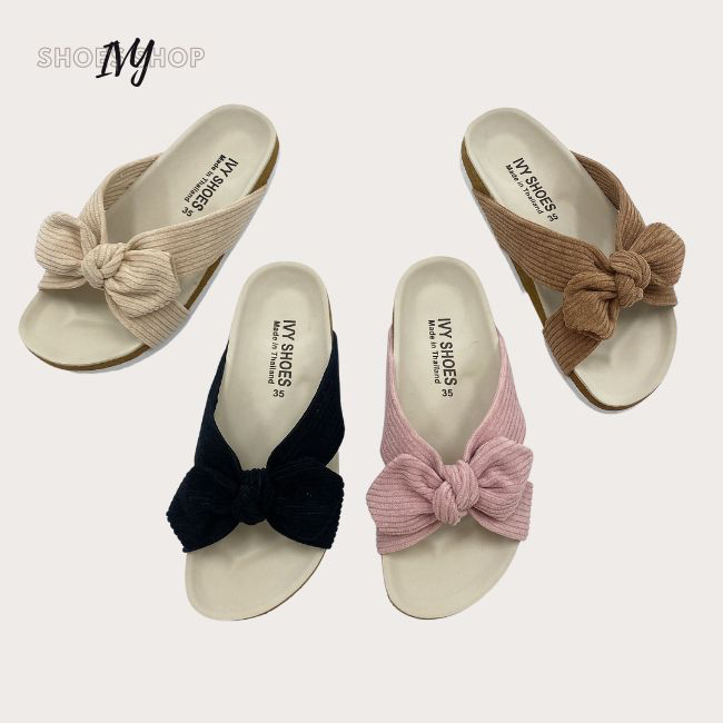 รองเท้าแตะ IVY SHOES (แนะนำลด1ไซส์) ไบเก้น แบบสวม ผูกโบว์ ผ้าลูกฝูก น่ารักมาก มี 4 สีจ้า(รุ่น IVY09)