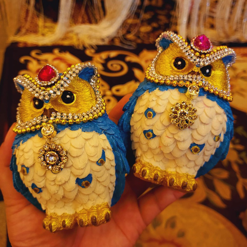 ตัวใหญ่ 5 นิ้ว นกฮูกถวายพระแม่ลักษมี สีฟ้า ราคาต่อตัว นกฮูกพระแม่ลักษมี นกฮูก