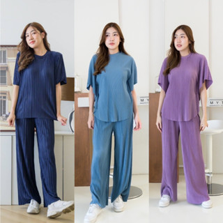 My top ชุดเซ็ทคอกลมขายาว ผ้าพลีทแบบใหม่ สีสวย H 116 / H 120 CARDI_NISTA