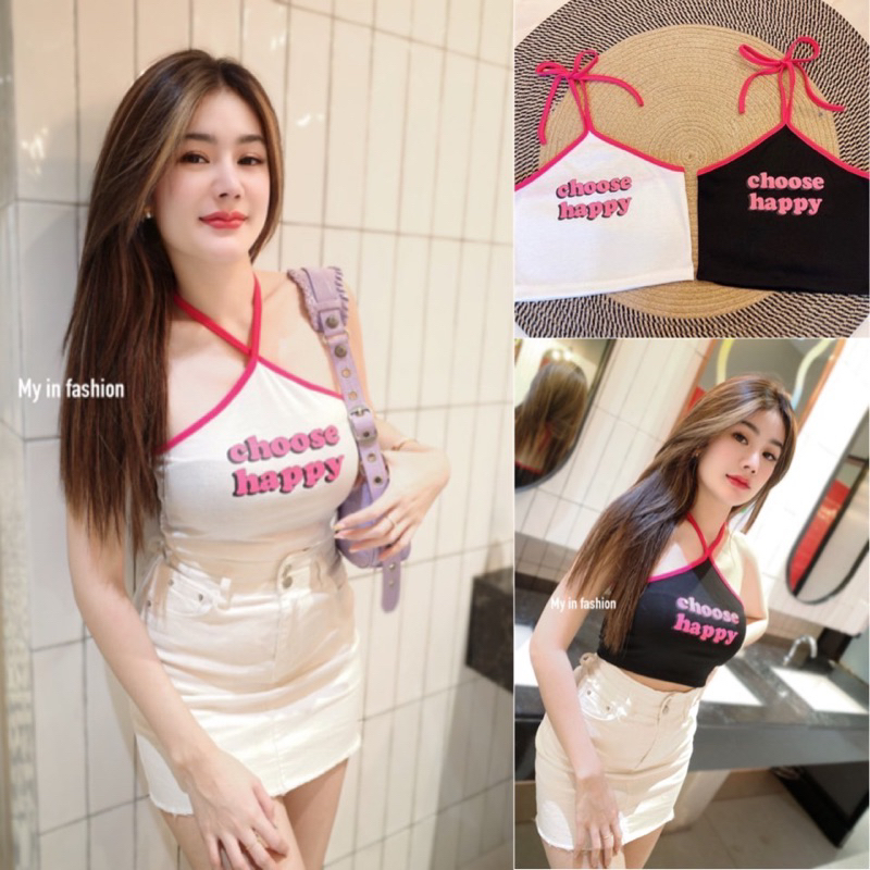 mnv_shop ( A1010 ) เสื้อครอปสายเดี่ยวไขว้หน้าแต่งขอบ 2 โทน สีน่ารักสดใส่ สวยเก๋ !! ตัวเดียวครบๆ สายคาเฟ่ ใส่เที่ยวทะเล