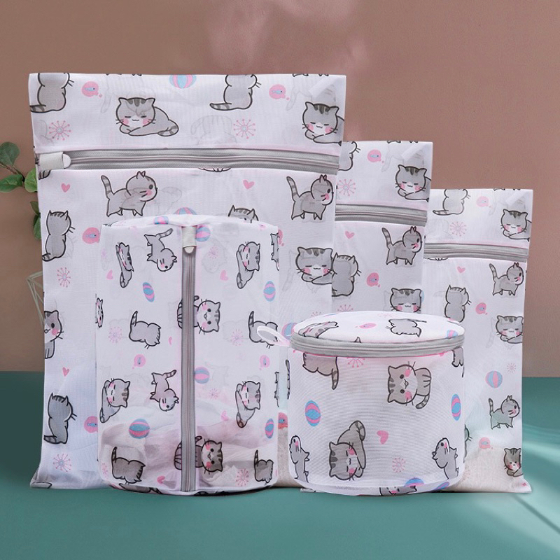 ShopAt.Two[WH0112-Cat] ชุด 5 ชิ้น ถุงซักผ้า ถุงตาข่ายซักผ้า ลายแมว พร้อมส่ง