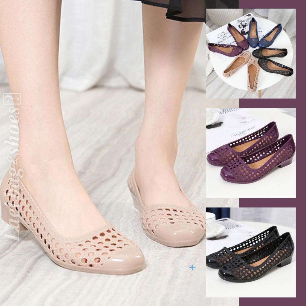 𝑳𝒂𝒆𝒊 𝒃𝒂𝒈&𝒔𝒉𝒐𝒆𝒔👠 รองเท้าคัชชูยาง PVC แต่งลายฉลุ ส้นเตี้ย 4 สี