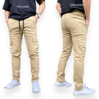 JEANSEXPRESS Cargo Pants กางเกงคาร์โก้กระเป๋าข้าง สีครีมเอวยาง มีเชือก เป้าซิป ผ้ายืด สวมใส่สบาย Size28-44