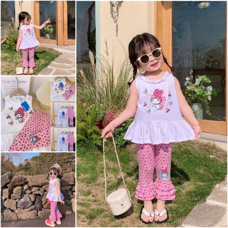 New ชุดเด็ก ชุดเซตเด็ก My Melody เสื้อแขนกุด + กางเกงขาม้า แต่งระบายสุดน่ารัก