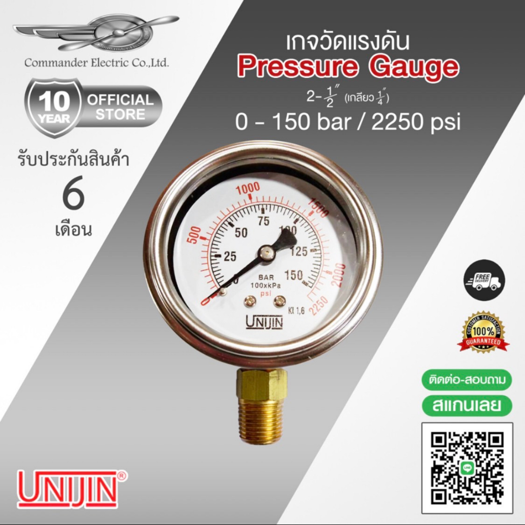 Pressure gauge เกจแรงดัน 0 - 150 Bar / 2250 Psi