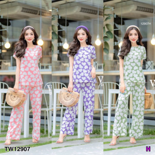 MM12907 Set เสื้อคอกลม+กางเกงขายาวพิสมพ์ลายหัวใจ Set: round neck top + heart print trousers