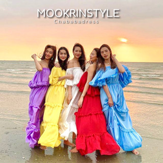 MOOKRINSTYLE เดรสปาดไหล่แต่งระบาย เป็นชั้น สวยงาม สีสดสดใส สาวอวบใส่ได้ งานยางยืดใส่สบาย