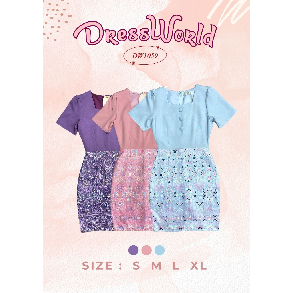 {S-XL} 1059 งานป้าย Dress World ชุดเดรสสั้นคอเหลี่ยม แต่งกระดุม ลายไทย ต้องมีติดไว้น๊า