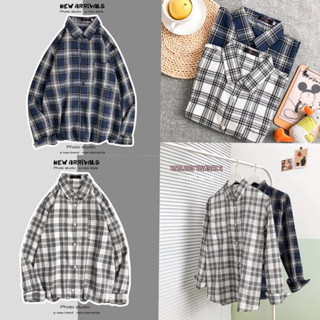 LKA1866 เสื้อเชิ้ตลายสก็อตมาใหม่ สีขาว/ดำ สำหรับผู้ชาย M-XXL ผ้านิ่มสไตล์เกาหลีมาแรง ทรง oversize เสื้อวินเทจ