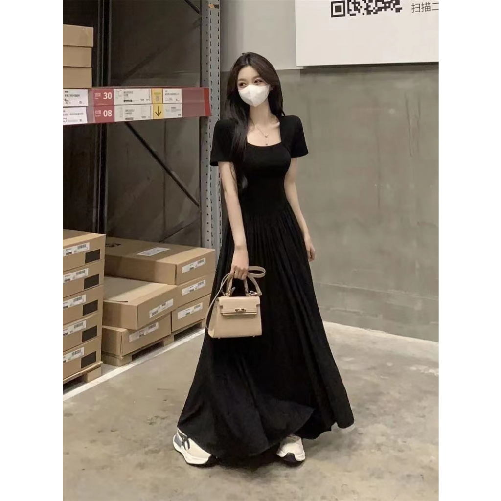 🌙ชุดเดรส,🌙ฤดูร้อน 2024ใหม่ Hepburn สไตล์แขนสั้นบางชุดผู้หญิงการออกแบบระดับไฮเอนด์ความรู้สึกเอว A-line กระโปรงยาว - รูปที่ 2