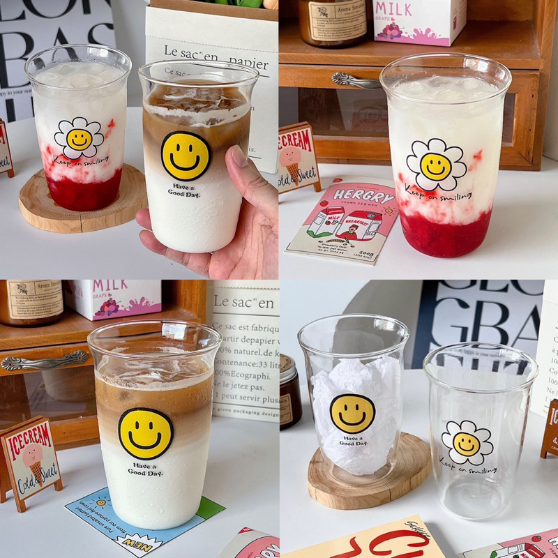 พร้อมส่ง แก้วน้ำ Smile and Daisy แก้วทรงสูง แก้วใส 71002