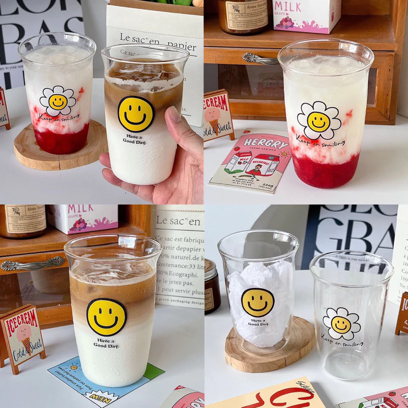 พร้อมส่ง🍑 แก้วน้ำ Smile and Daisy แก้วทรงสูง แก้วใส 71002