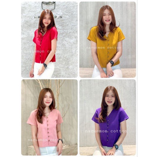 เสื้อคอวี/พื้นเมือง/ผ้าฝ้าย/สีพื้น/ผู้หญิง/ทำงาน/สวยๆสินค้าพร้อมส่ง