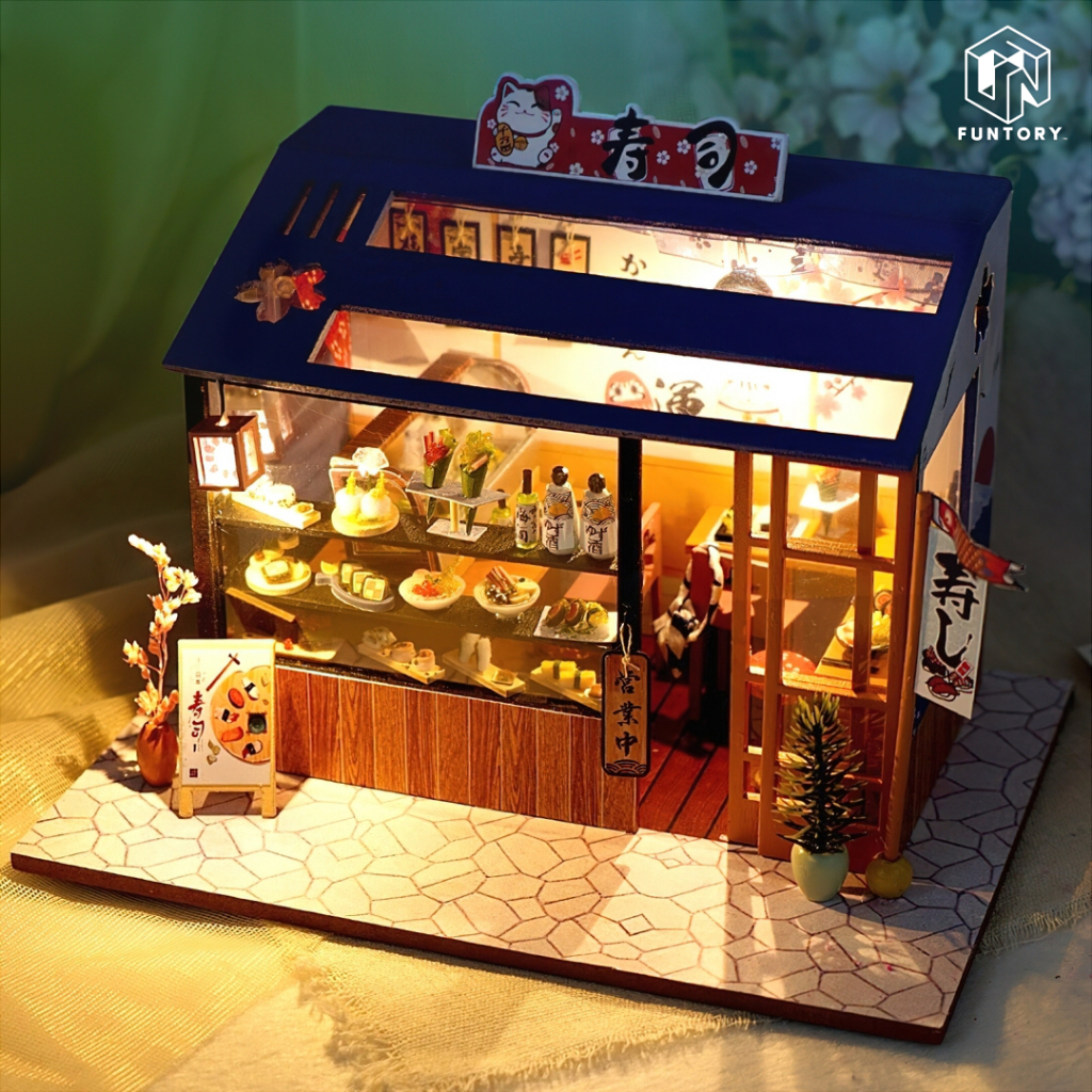 พร้อมส่ง Funtory บ้าน DIY ประกอบเอง Mini Sushi ร้านซูชิ เปิดไฟได้ ของเล่น ของขวัญ