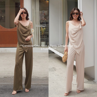 ผ้าชิลล์ซาติน✨ Silk Satin Camisole Cowl Neck Top + High Waist Pants (690฿ฟรีส่ง) นางเป็นเซ็ต 2 ชิ้น เสื้อสายเดี่ยวคอถ่วง