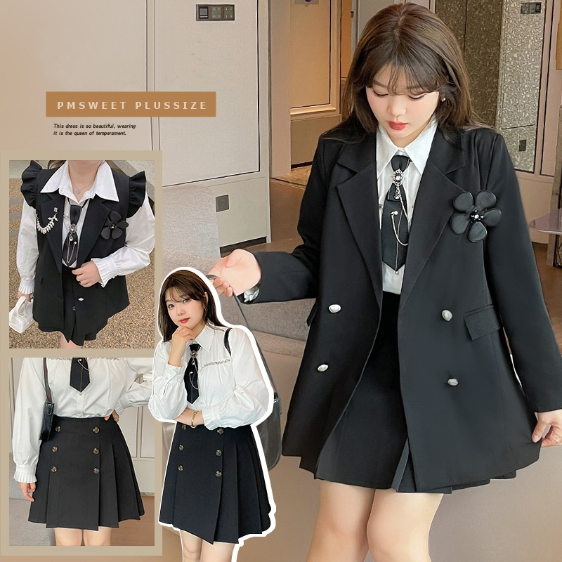 [ อกถึง 55" ] : PMP2183 : พรีออเดอร์ เสื้อผ้าไซส์ใหญ่ คนอ้วนสาวอวบ ชุดเซต เสื้อเชิ้ตแขนยาวมีเนคไท กระโปรงเอวยืด