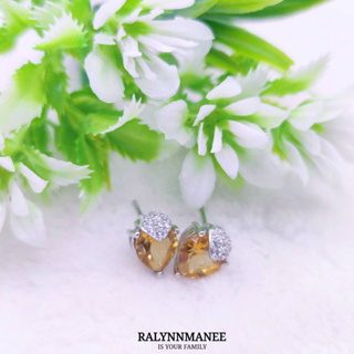 AE008 ต่างหูพลอยซิทรีนแท้ ( Citrine ) แบบก้านเสียบ ตัวเรือนเงินแท้ 925 ชุบทองคำขาว