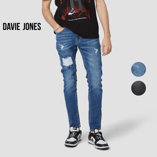 DAVIE JONES กางเกงยีนส์ ผู้ชาย ทรงสลิมฟิท สีดำ สีกรม Slim Fit Jeans in Black Navy CO0050BK MN