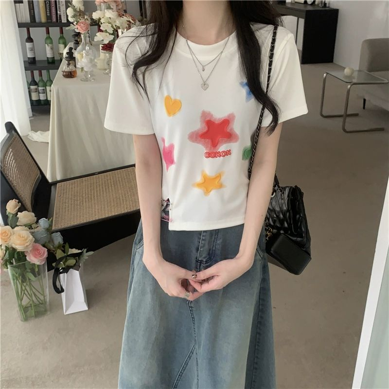 พร้อมส่ง เสื้อยืดครอป เสื้อเอวลอย คอกลม สวมใส่สบาย #60267