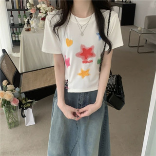 พร้อมส่ง เสื้อยืดครอป เสื้อเอวลอย คอกลม สวมใส่สบาย #60267