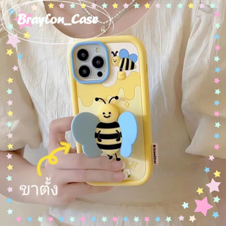 🌷Braylon🌷จัดส่งภายใน24ชม ผึ้ง ขาตั้ง ขอบเต็ม iphone 11 14 pro max สีเหลือง หวานสวย สาวน่ารักหัวใจ case for iPhone 12 13