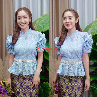 SOF เสื้อลูกไม้ อก S M L XL XXL สีฟ้า แขนสั้น แต่งแขนกุหลาบเกร๋มาก Blouse