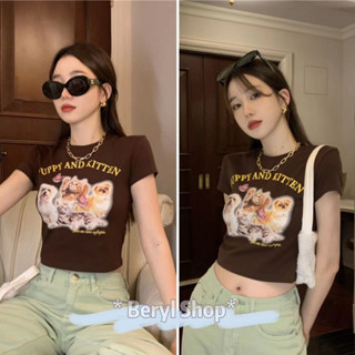 Beryl🌻เสื้อท่อนบน🍒เสื้อครอป ลายใหม่ล่าสุด เสื้อยืดครอปลายหมา แมว การ์ตูน น่ารักๆ