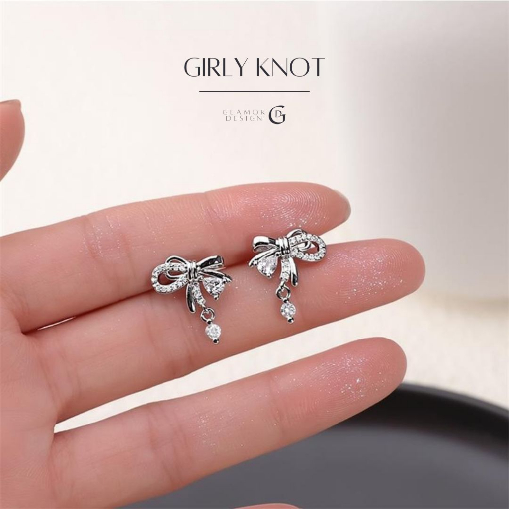 GLAMOR✨ต่างหูเงินแท้ Girly Knot ต่างหูเพทาย เท่น่ารัก ต่างหูแฟชั่น ตุ้มหูเงินแท้ ต่างหูผู้หญิง