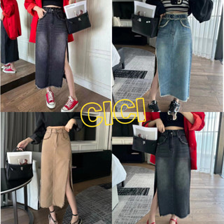 Cici(NO. 965)Denim skirt กระโปรงยีนส์ยาวดีเทลผ่าข้าง แพทเทิร์นขอบรุ่ยเท่ห์ๆ ทรงสวยแมตช์ง่ายย