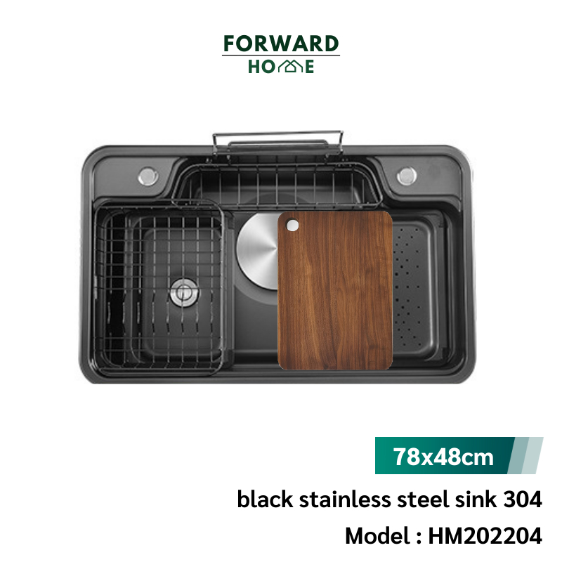 Forward ซิงค์ล้างจาน อ่างล้างจาน สแตนเลส304 เคลือบนาโนสีดำ ขนาด78x48ซม. black stainless steel sink SUS304 รุ่นHM202204