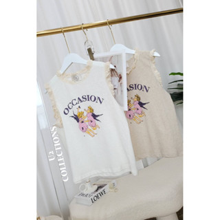 #U2 เสื้อแขนกุดสกรีนลาย cupid  มี texture ในตัว ช่วงแขน+คอ แต่งลูกไม้ถักสีครีม