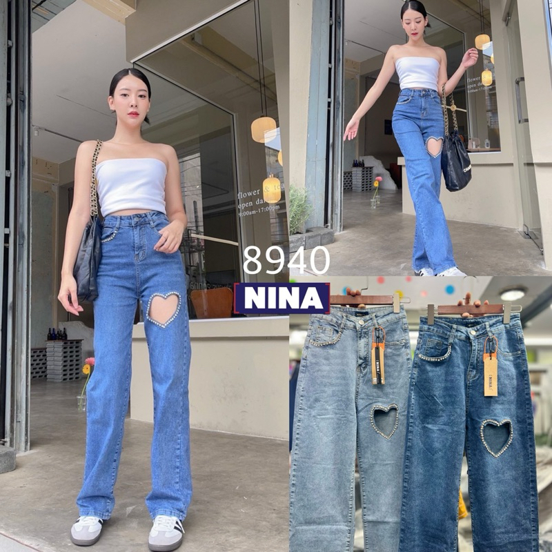 NN-ST #8940 งานกางเกงผ้ายืดเยอะ ทรงกระบอกใหญ่ เอวสูง ปลายขาเย็บเก็บ แต่งอะไหล่เพชร ขอบกระเป๋า เจาะรูปหัวใจหน้าขา