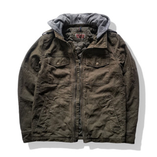 Levis Olive Brown Hooded Trucker Jacket รอบอก 43”