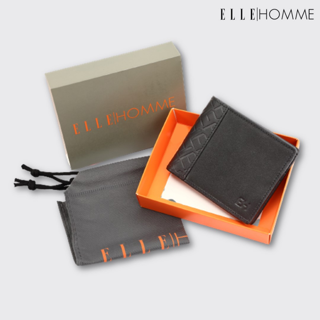 ELLE HOMME I กระเป๋าสตางค์หนังวัวแท้ สไตล์ Business แบบพับสั้น ช่องสอดบัตรเครดิต 8 ช่อง สีดำ I รุ่น W8W001