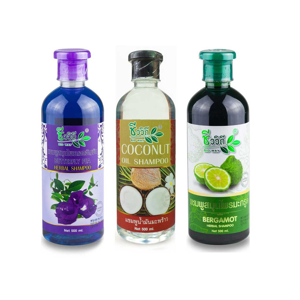 Bio way Herbal Shampoo 500ml (แยกขาย) ชีววิถีแชมพูสมุนไพรดอกอัญชัน มะกรูด และแชมพูน้ำมันมะพร้าว