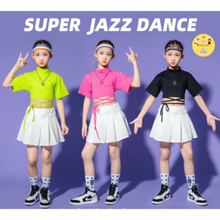 (พร้อมส่ง) ชุดเซต Jazz dance เสื้อเอวลอย + กระโปรง  3  สีสดใส เขียว ชมพู ดำ  เสื้อแยกขาย