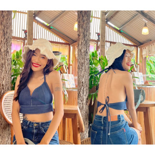 Denim Crop Tops 🆕สีใหม่ ครอปยีนส์ผูกหลัง สายฝอ