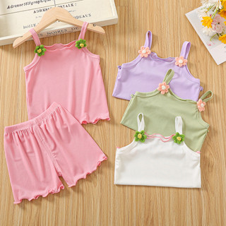 Babyonline(Y223)A5 ชุดเซ็ตเสื้อสายเดี่ยวกางเกงขาสั้นสำหรับเด็กผู้หญิงแต่งดอกไม้สีสันน่ารัก ผ้านิ่ม เด้ง ใส่สบาย